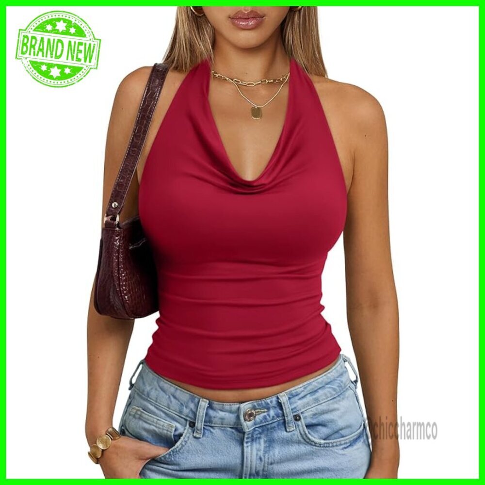 Slim Fit Halter Top Cowl Neck Backless Tank Summer Vacation Y2K